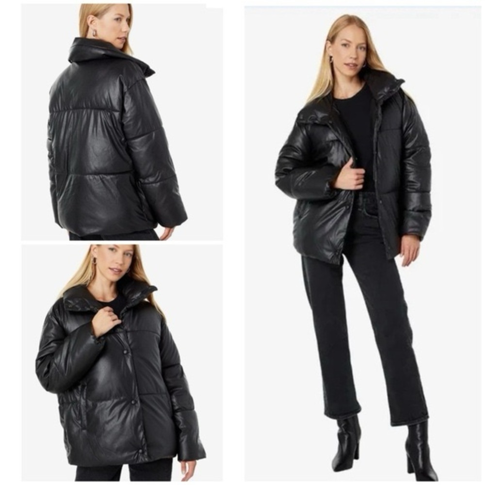 NVLT Black Vegan faux Leather Down Puffer JACKET Coat size medium Anthropologie